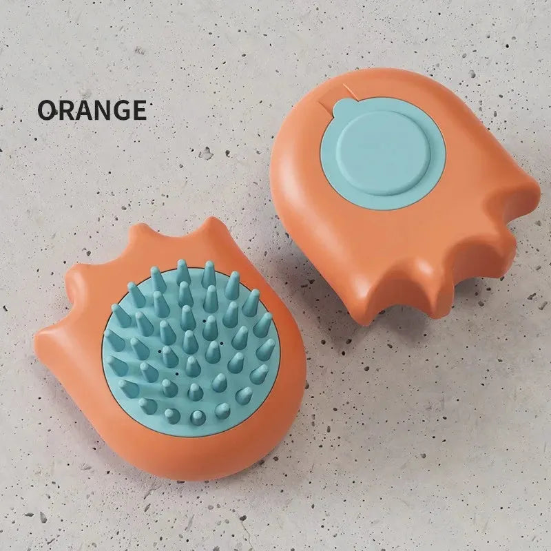 Blue pet bath brush massage comb with integrated shampoo box for washing cats and dogs.