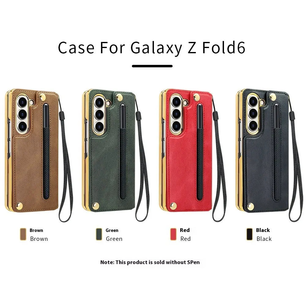Samsung Z Fold 5 phone case with bracket pen slot card slots black PU electroplated finish
