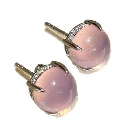 Chinese style chalcedony stud earrings with geometric design and claw setting