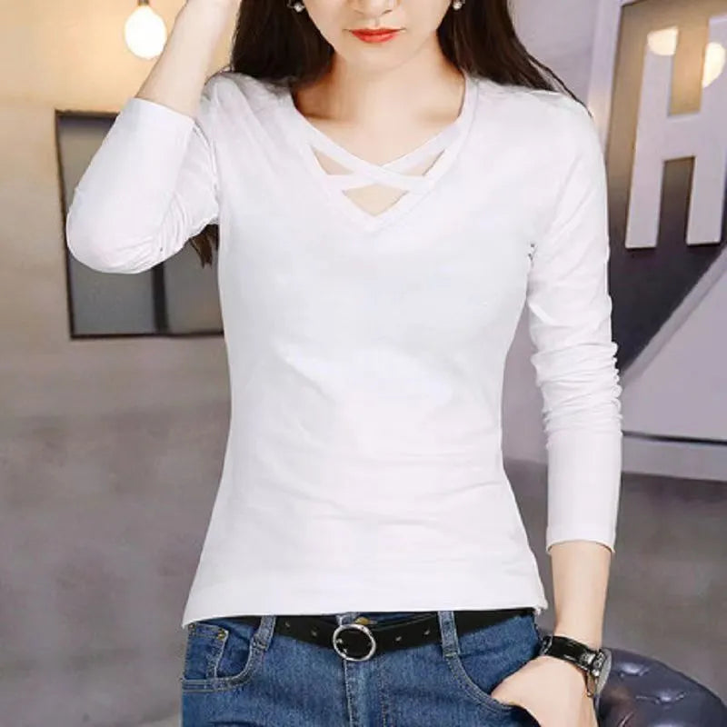Women's plus size black V-neck long sleeve slim fit top with three-dimensional decoration, front view