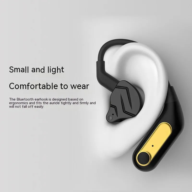 Black wireless Bluetooth headphones with Qualcomm 5.2 chip, ear-mounted design, and charging box on display