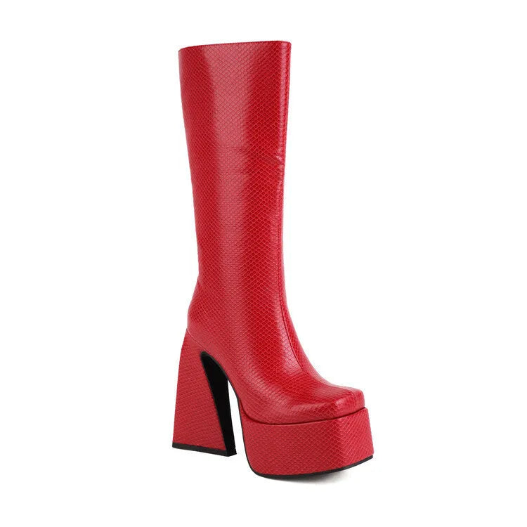 Women's artificial PU casual high boots in black, red, blue, and white colours