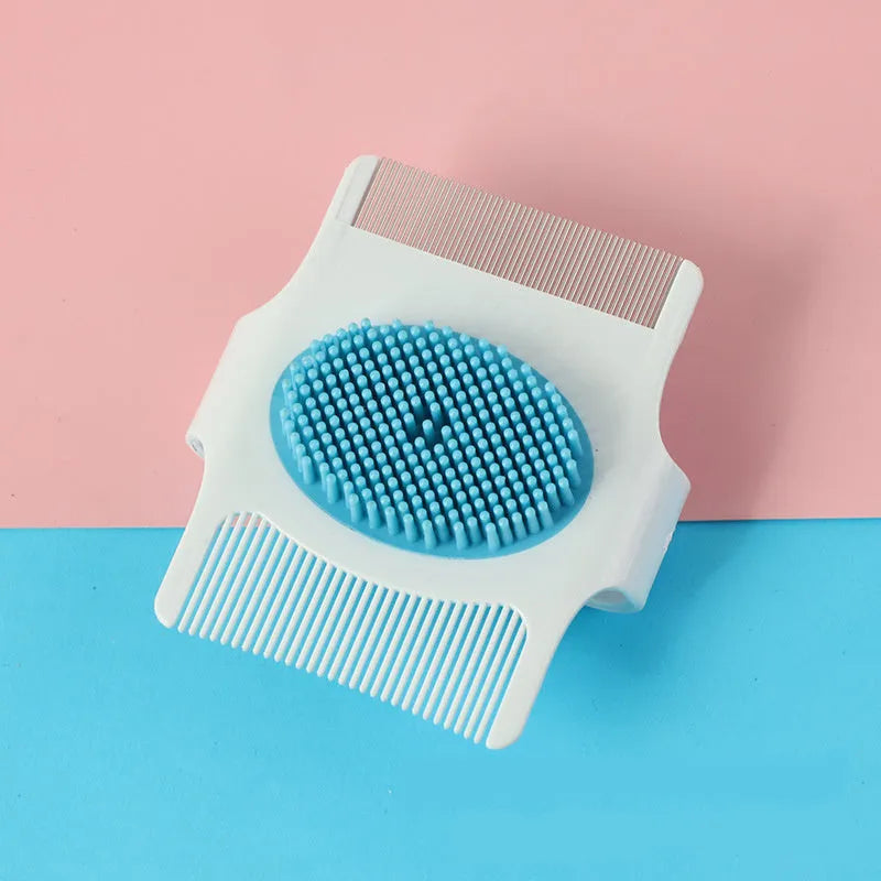 Blue and green multifunctional pet grooming comb with floating hair removal and massage nodes.