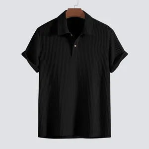 Men's casual loose short sleeve shirt set in solid colour polyester fibre, three tops in black milky white and dark green