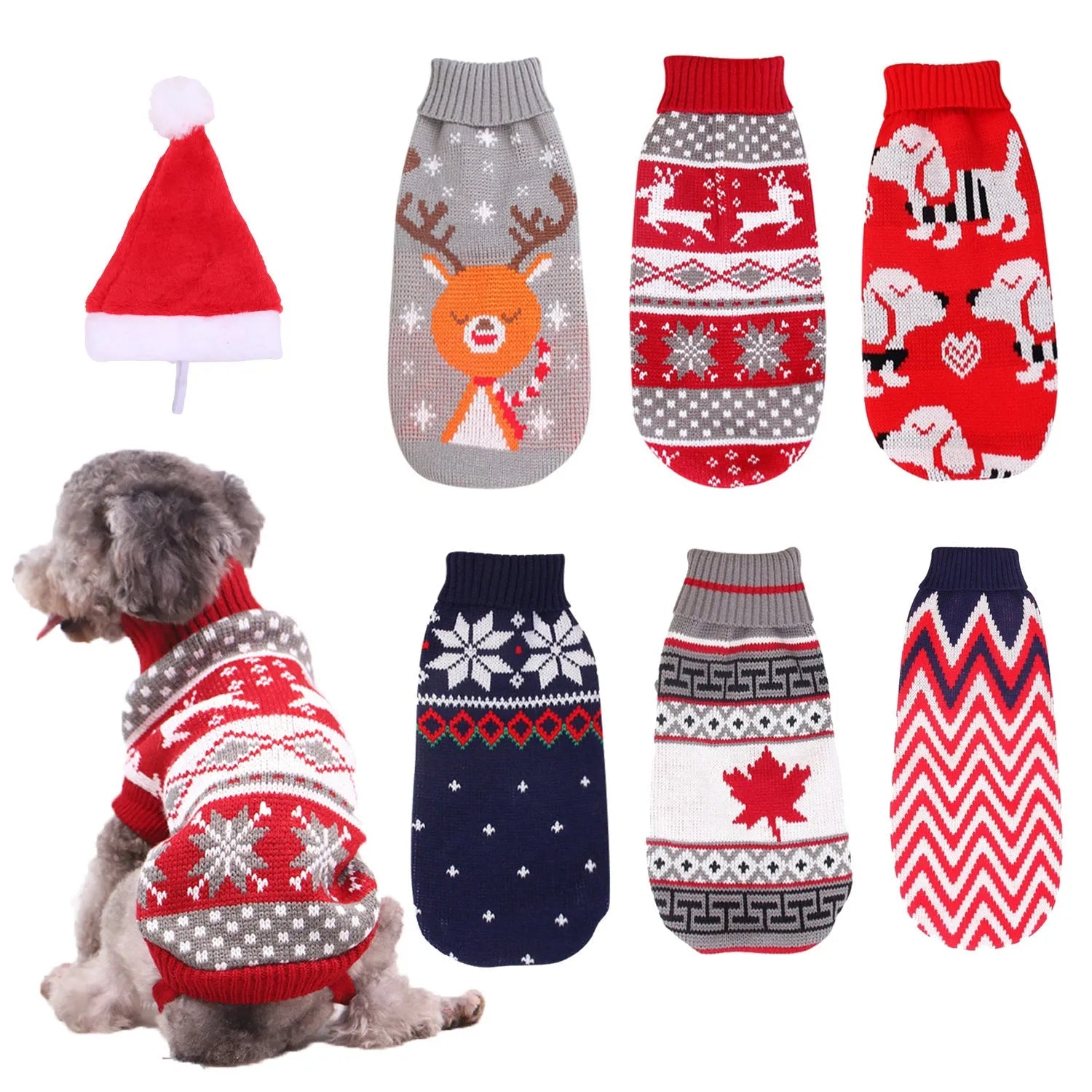 Christmas turtleneck knitting sweater dog clothing in acrylic knit, red reindeer pattern, on small dog