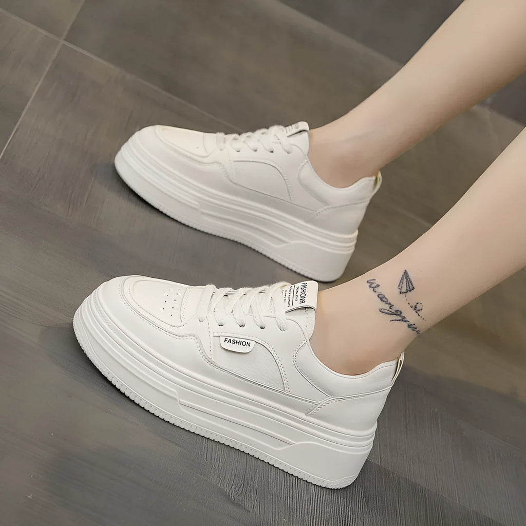 Platform thick sole casual sports skate shoes in black, genuine leather upper, round toe, front lace-up, low top