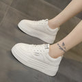 Platform thick sole casual sports skate shoes in black, genuine leather upper, round toe, front lace-up, low top