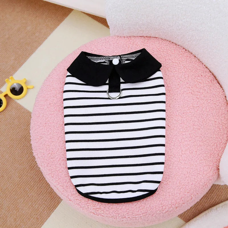 Pet dog wearing cotton t-shirt and striped skirt summer clothing set