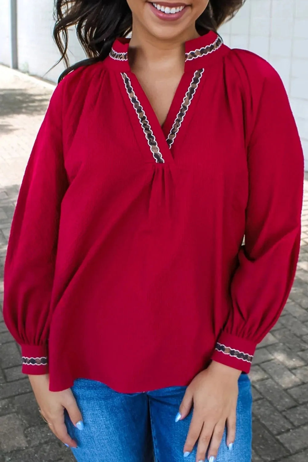 Women's red embroidered collar printed shirt loose fit pullover top polyester