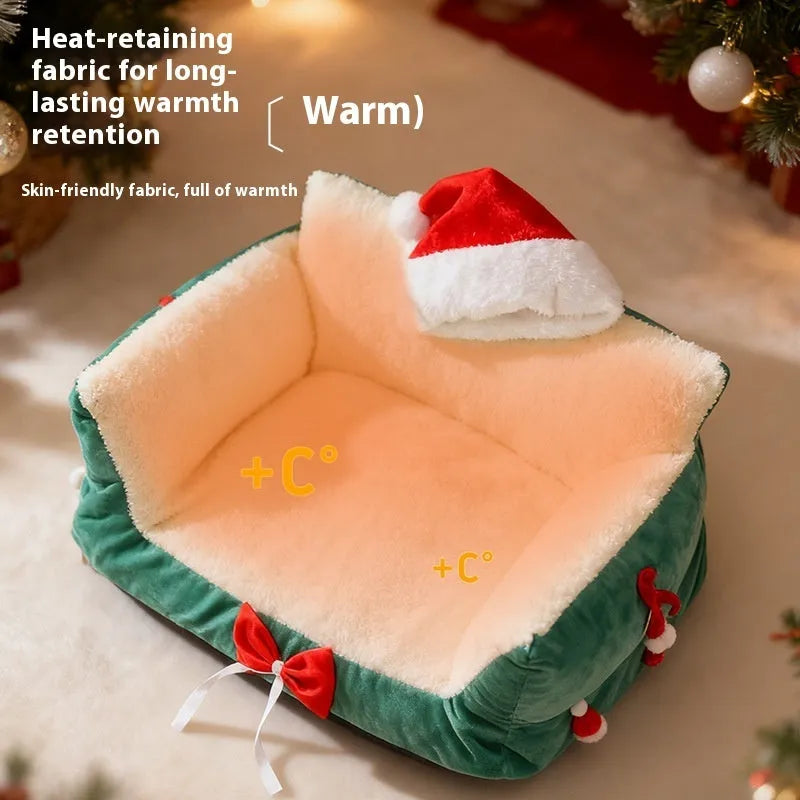 Flannel cat nest in red with removable washable cover, plus-sized variant, on floor