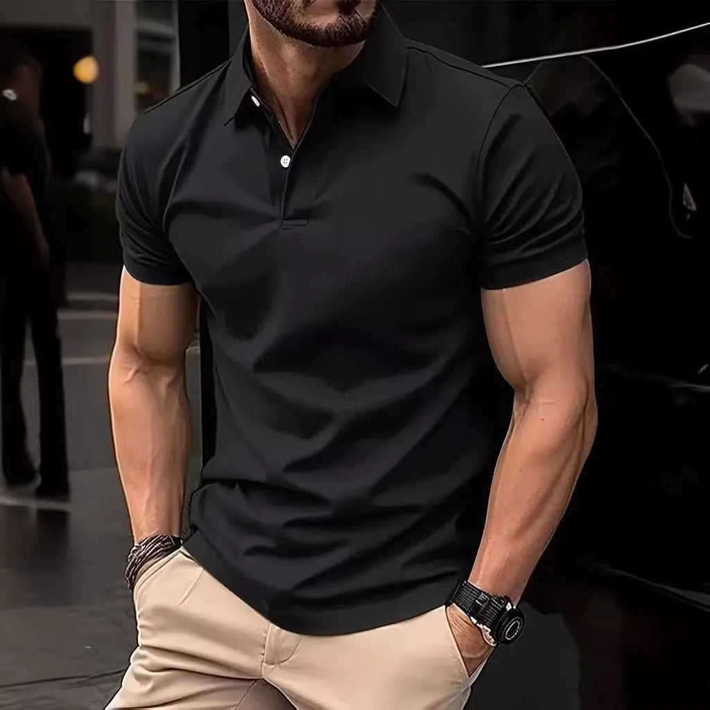 Men's slim-fit solid colour short sleeve button-up shirt in a cotton-mix fabric