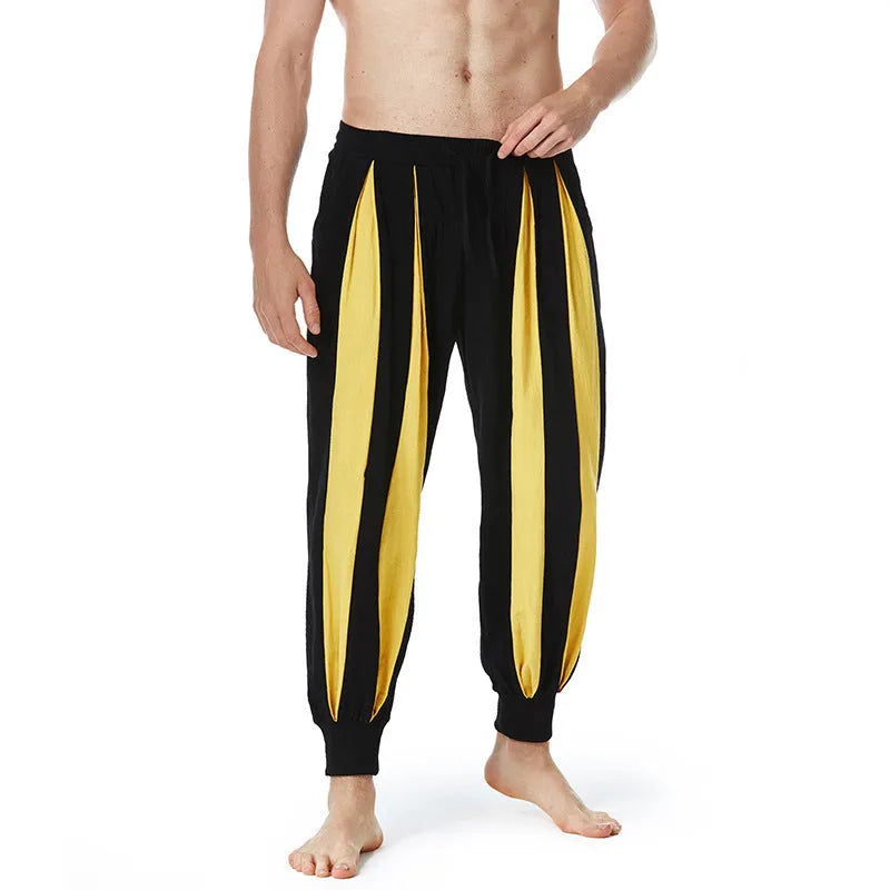 Men's straight-leg casual trousers in brown, khaki, red, and yellow colours for spring.