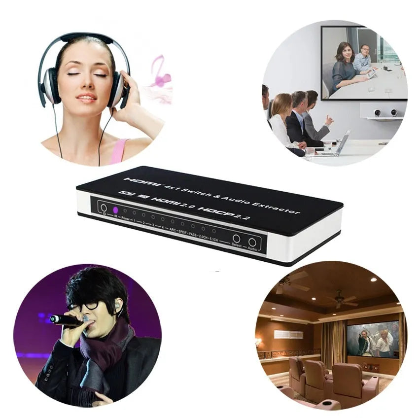 Black 4x1 HDMI switcher with remote control for audio and video signal distribution