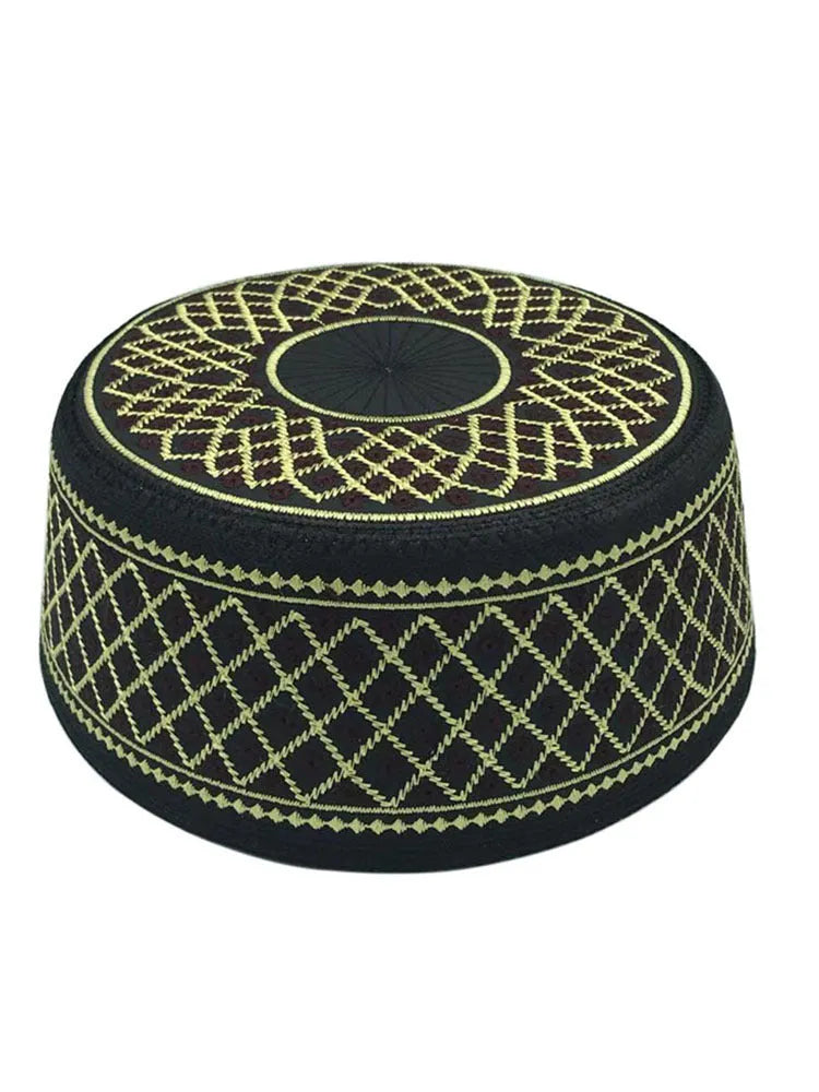 Polyester flat top hat in Red hole yellow line colour, 8 cm height, for Muslim men