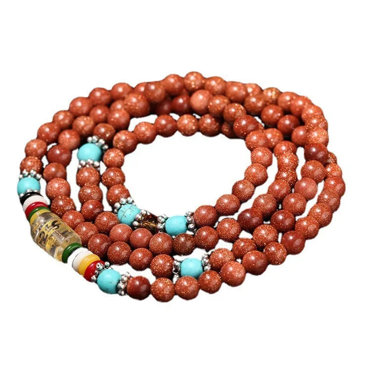 Golden star stone women's bracelet with 108 nugget sand beads and multi-circle mantra design