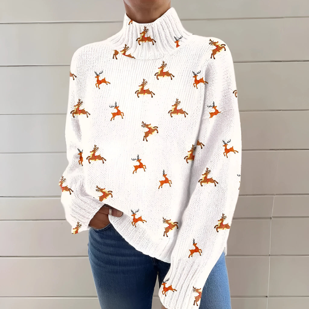 Women's Christmas printed turtleneck pullover sweater in loose casual style with long sleeves