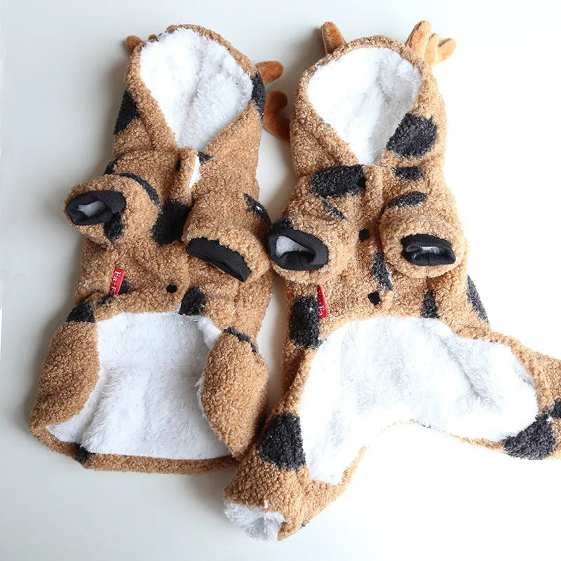 Dog or cat wearing polka dot clothing with an elk couple design, showing skirt and four-legs style options.