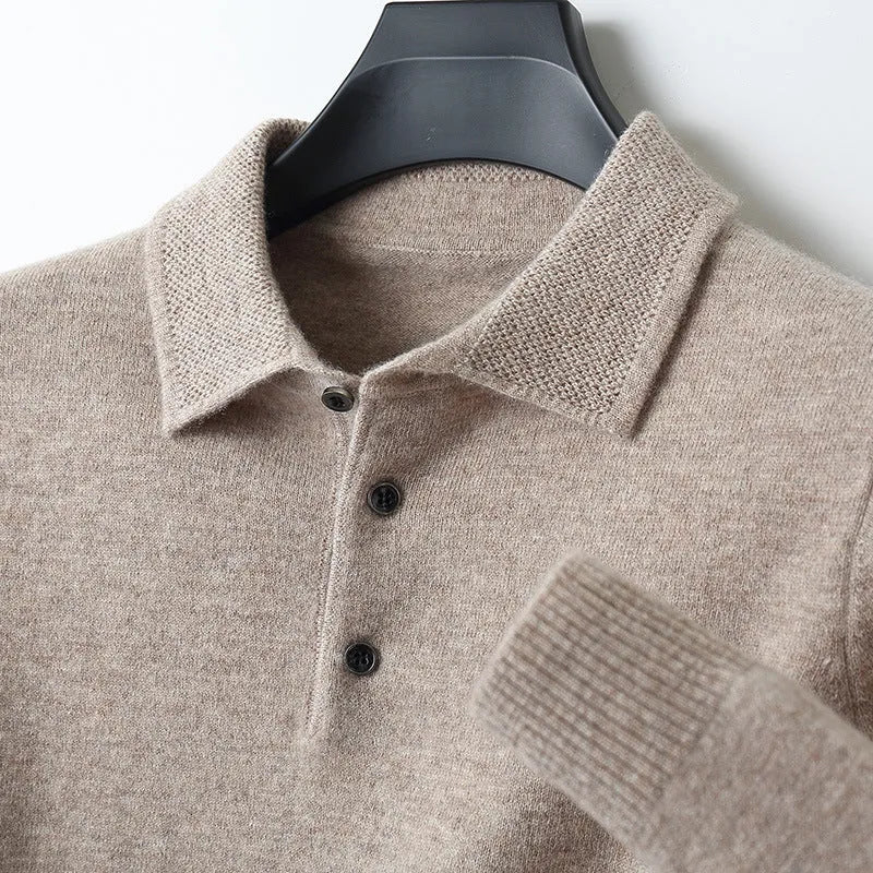 Men's wool polo collar pullover sweater in multiple colours with long sleeves and collage stitching detail.