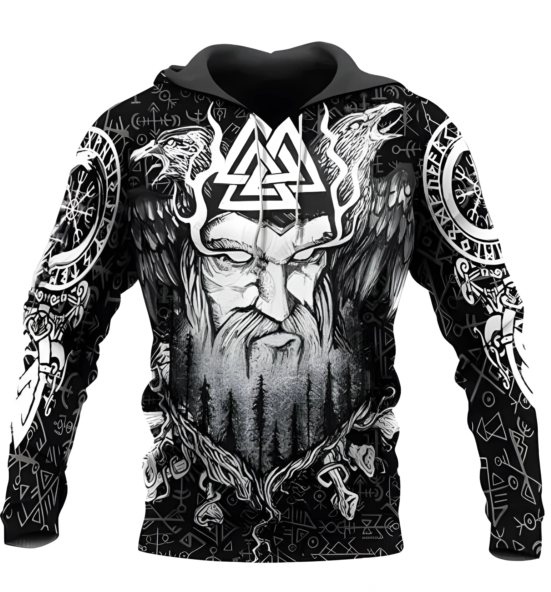 Men's 3D digital printed polyester pullover hoodie with hood, long sleeves, size XXS to 4XL, front view