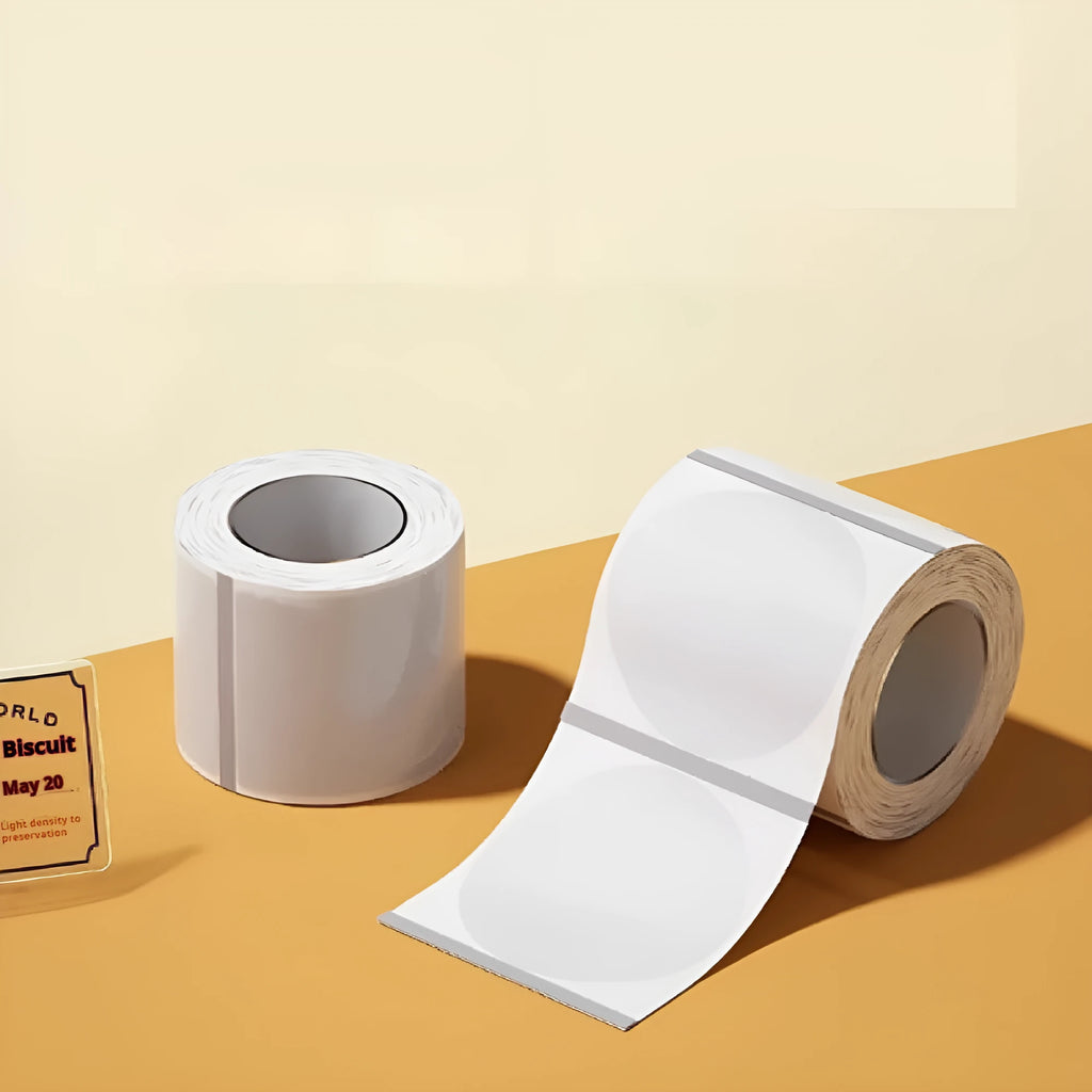 Transparent waterproof adhesive labels in multiple sizes including rectangular and circular formats