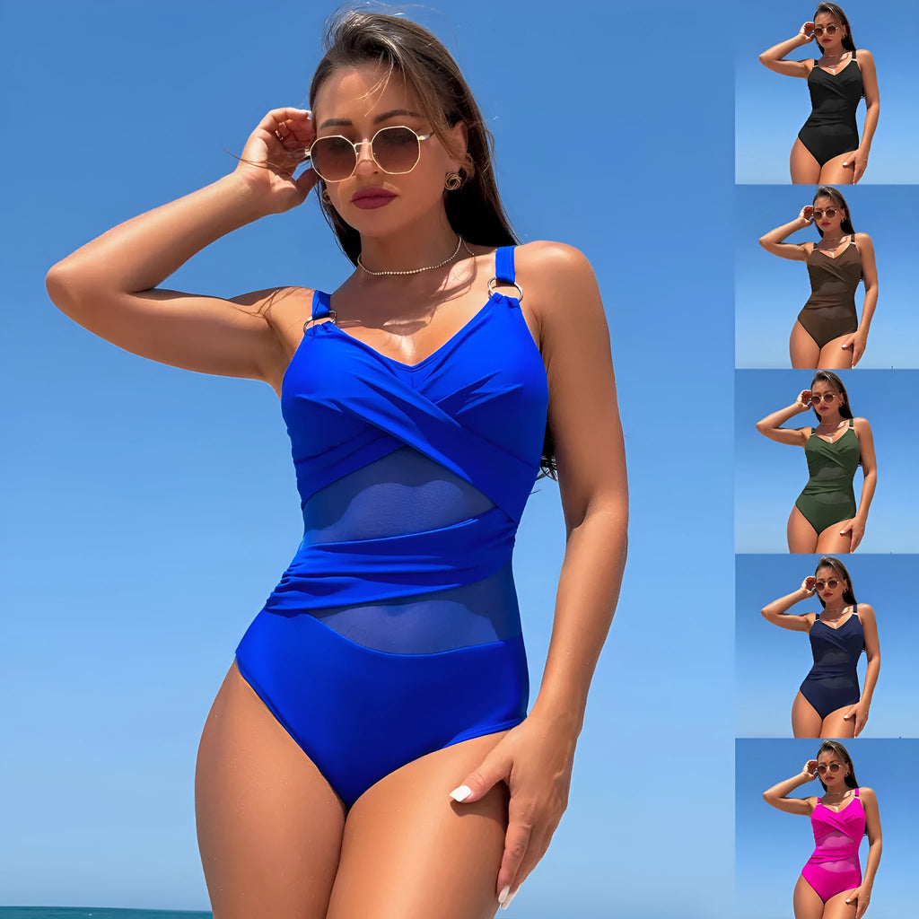 Women's quick-drying one-piece swimsuit in solid colour, nylon fabric with spandex lining, available in multiple shades