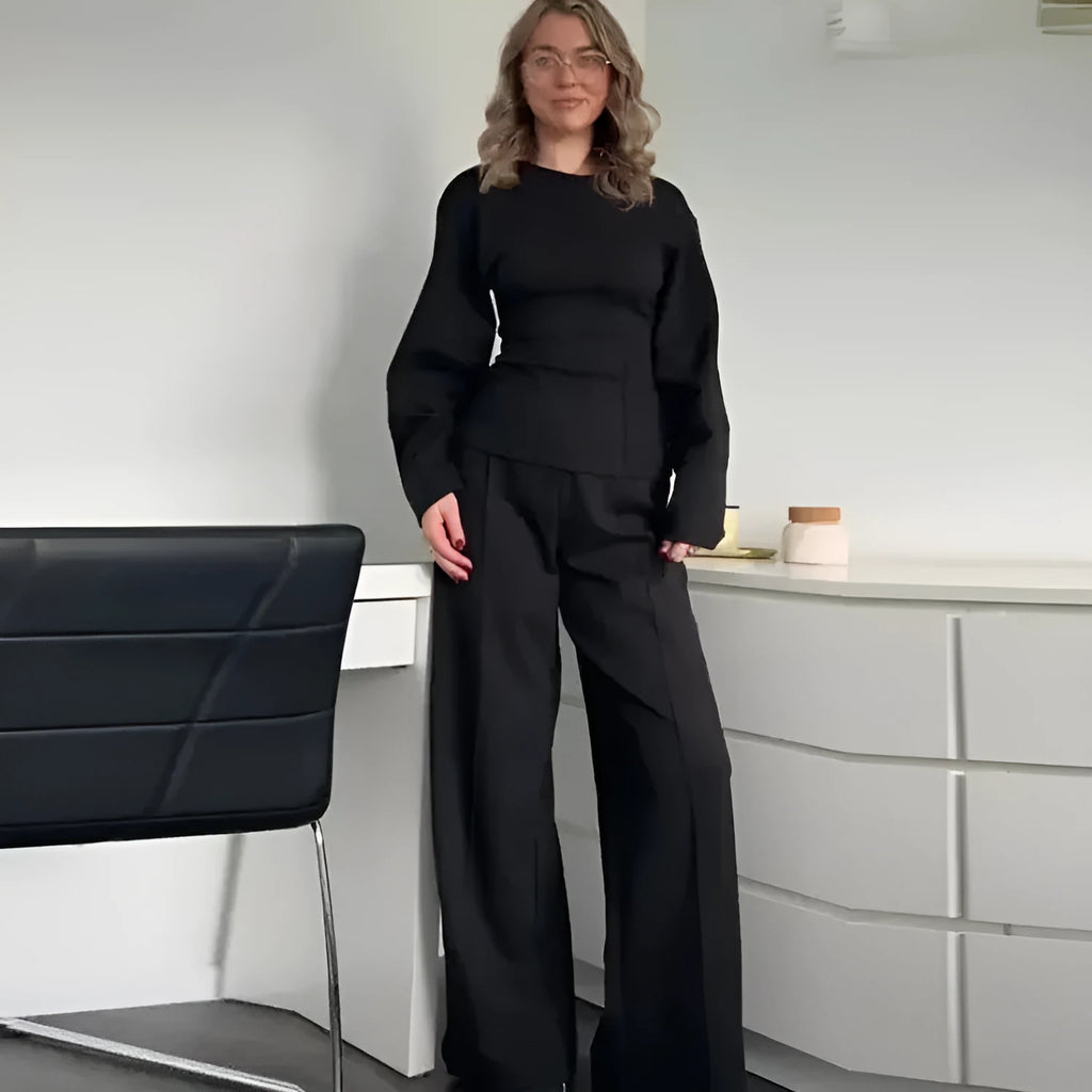 Women's fleece two-piece suit with pleated top and wide-leg trousers in black, grey, apricot or wine red