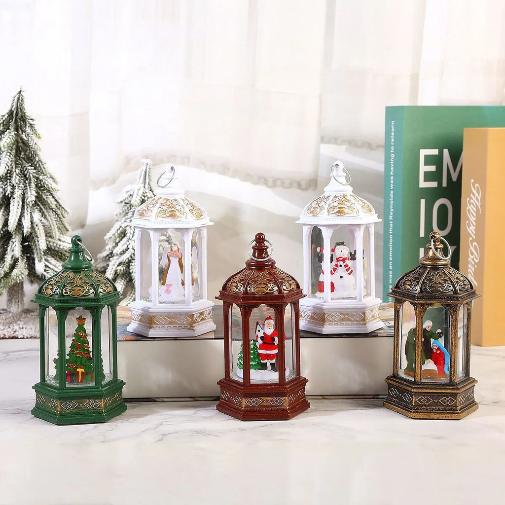 Plastic small night lamp with modern simplicity design in five Christmas colours: red old man, white snowman, green tree, brushed gold Jesus, white angel
