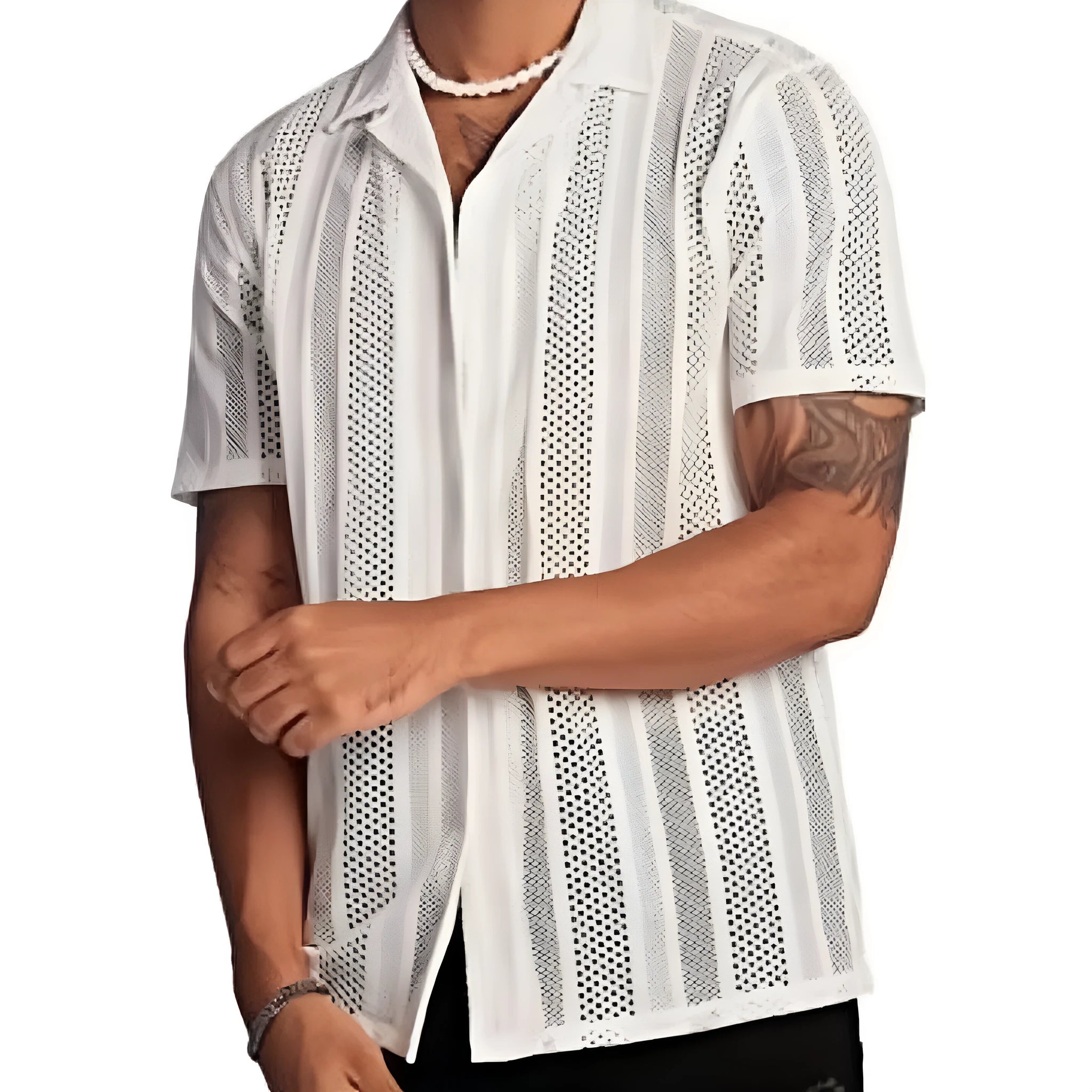 A man wearing a black jacquard-knit short-sleeved shirt in a street fashion cardigan style.