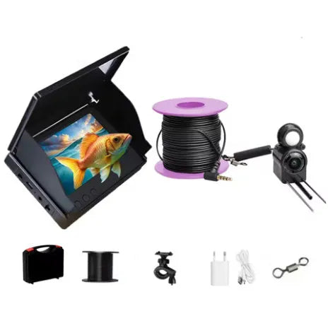 Underwater fish finder HD camera with 4.3-inch IPS screen showing underwater footage with night vision lights active.