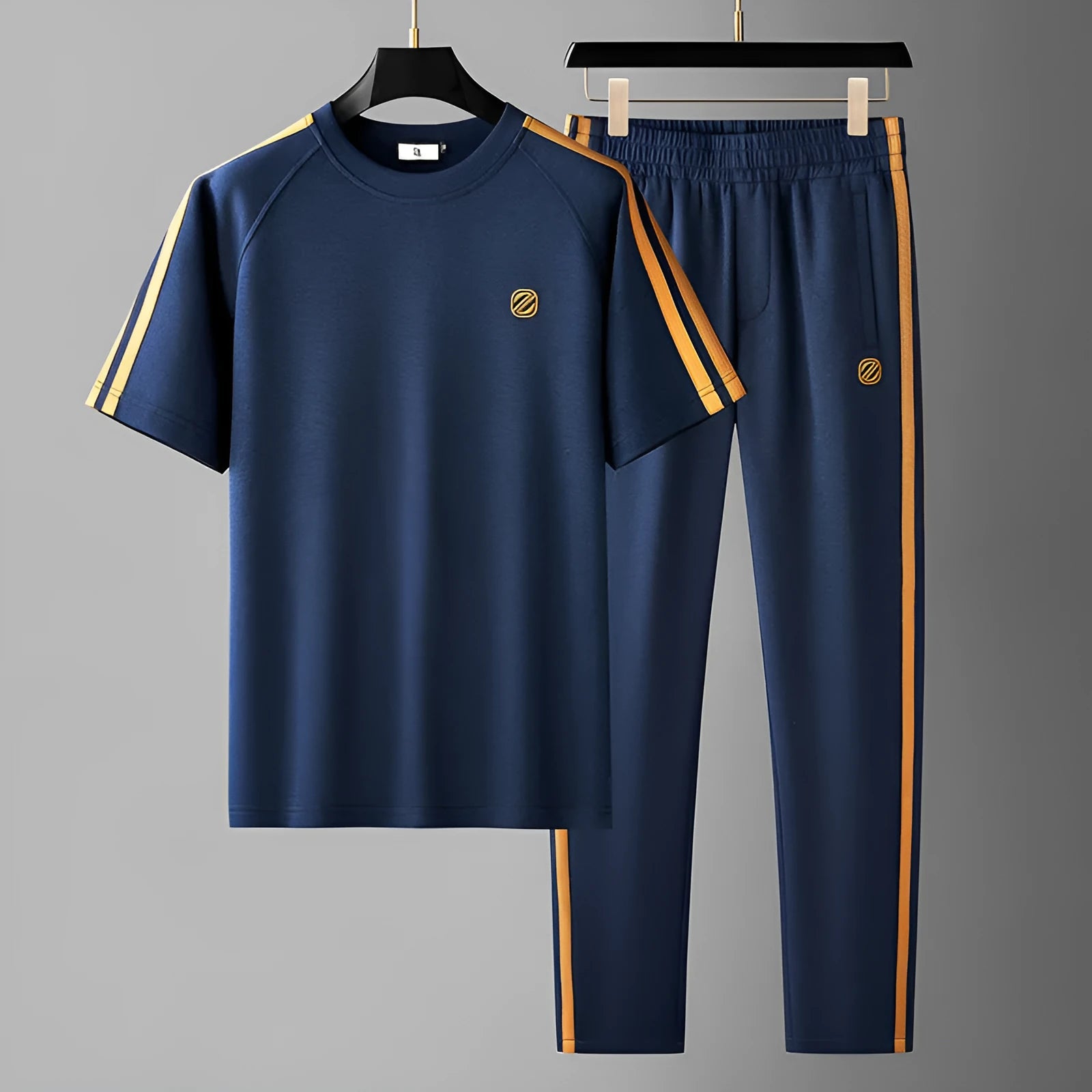 Men's blue short sleeve polyester suit with separate top and trousers for sports wear