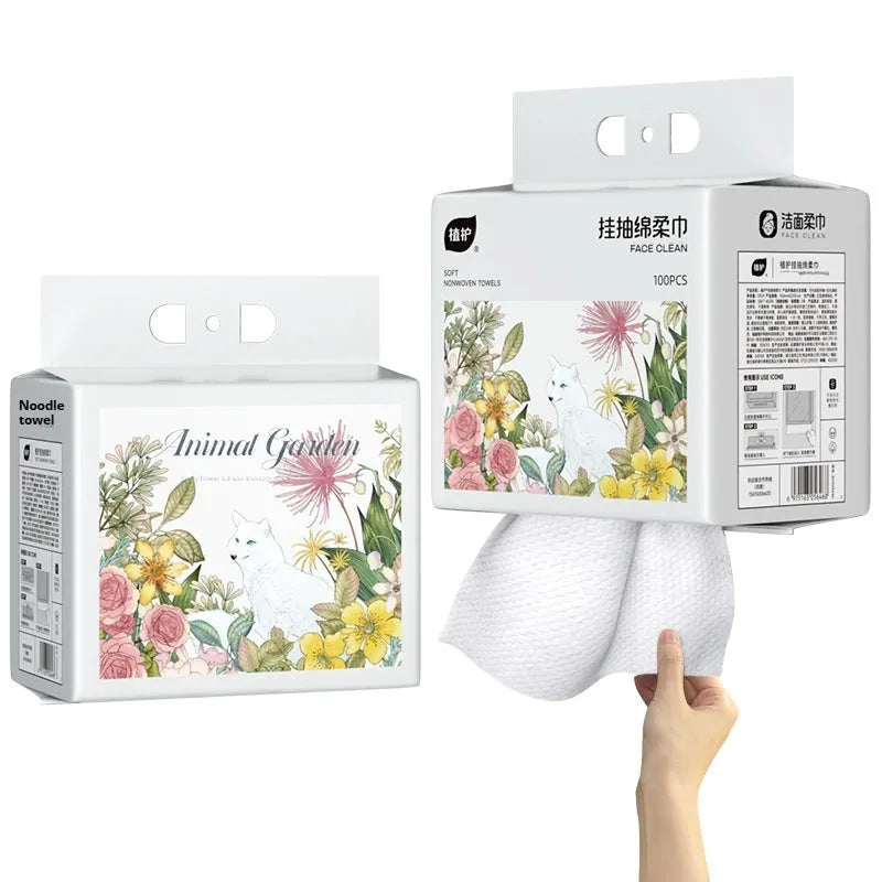 Disposable face cloth towel roll with hanging design showing removable sheets