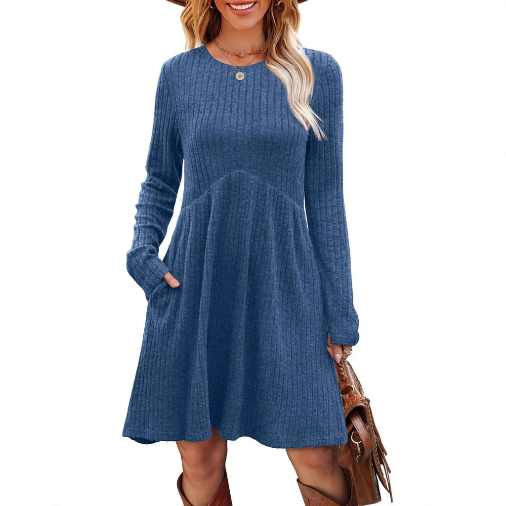 Women's bohemian brushed sunken stripe midi dress in apricot, wide waist, solid colour stitching detail, front view