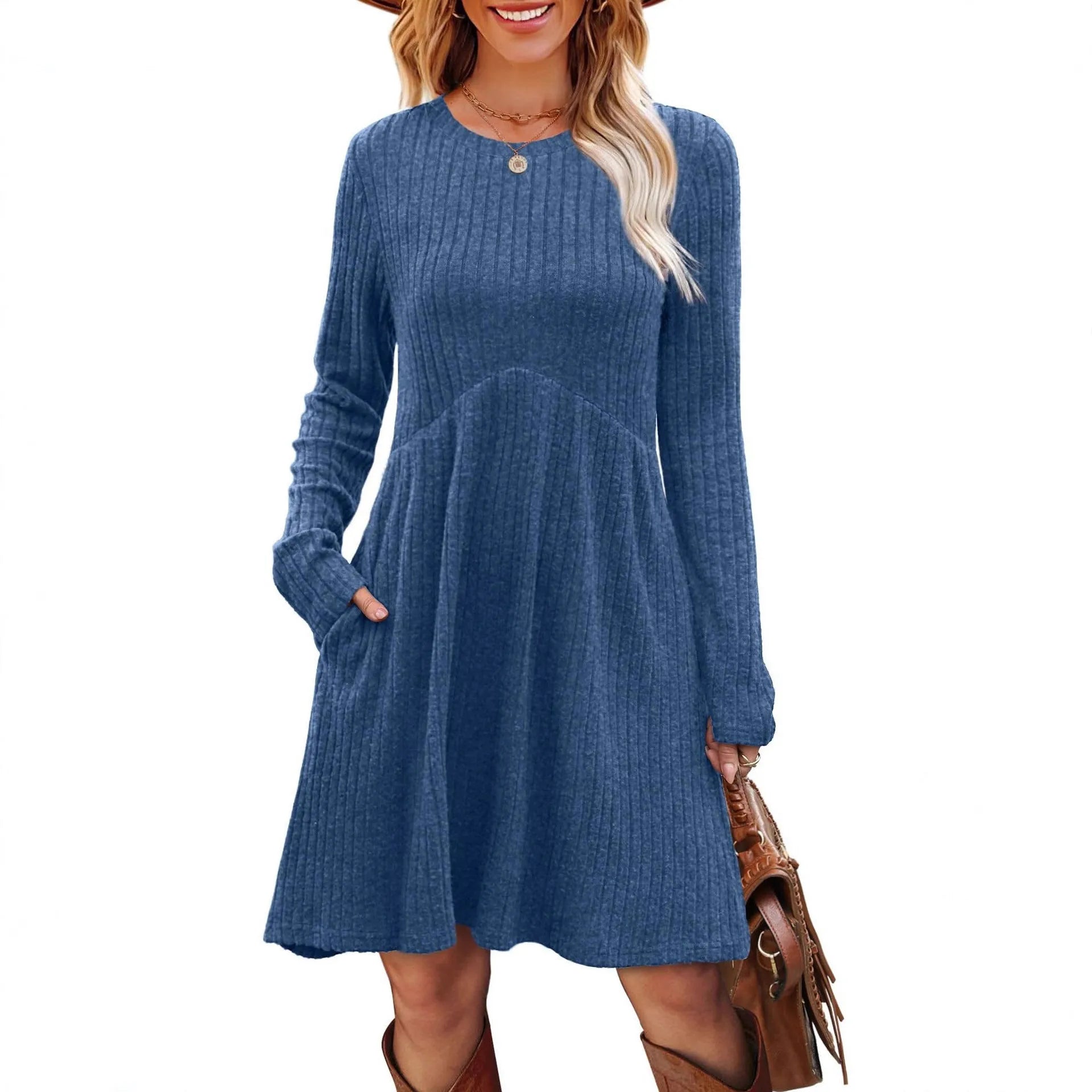 Women's bohemian brushed sunken stripe midi dress in apricot, wide waist, solid colour stitching detail, front view
