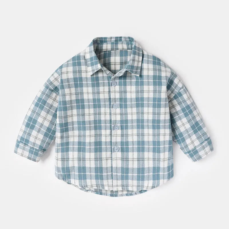 Boys cotton lattice shirt with animal pattern in khaki, blue, pink, or yellow