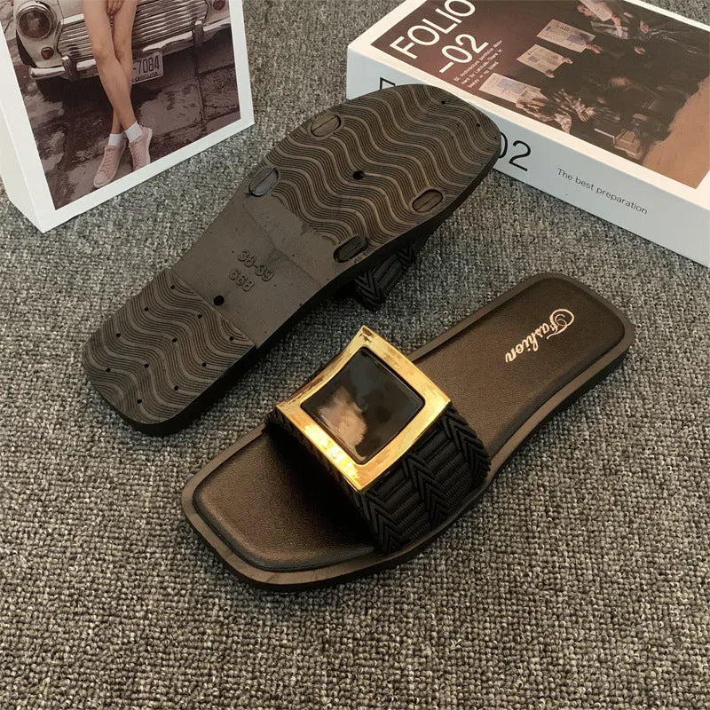 Women's flat summer slippers in apricot, black, or khaki with lightweight PVC soles.