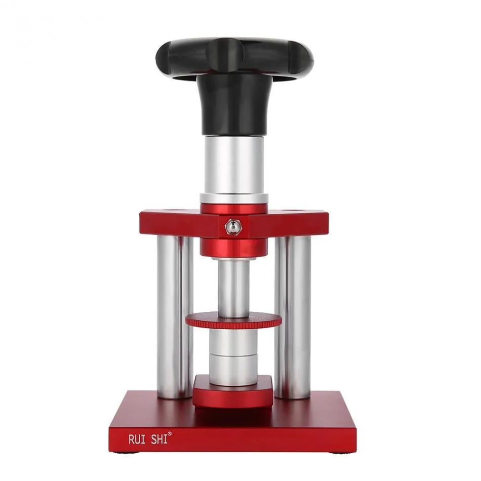 Watch repair tool with spiral cap presser device and 20 plastic moulds for bottle caps and watch backs