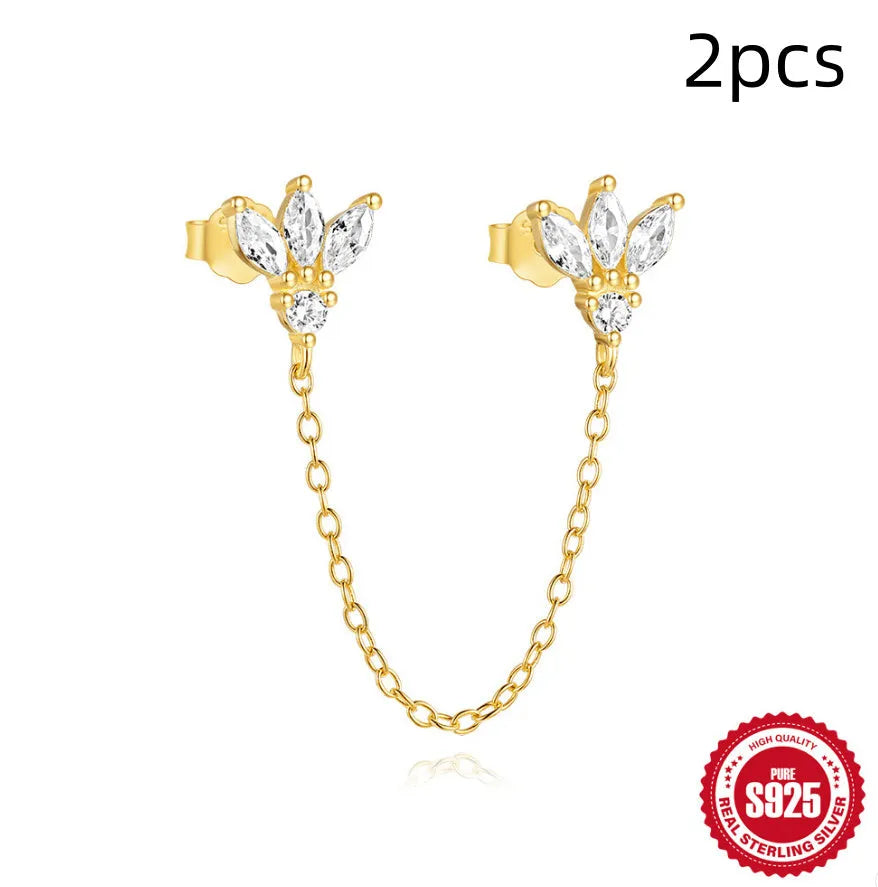 S925 sterling silver zircon geometric stud earrings with gold-plated finishes in clover, crown and chain designs