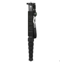 Black carbon fibre monopod for DSLR cameras extended to full height with camera mount visible