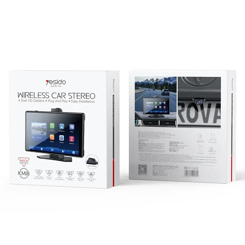 Black KM18 vehicle navigation unit with 9-inch capacitive touch screen, front and rear dual cameras, tempered glass 2.5D display