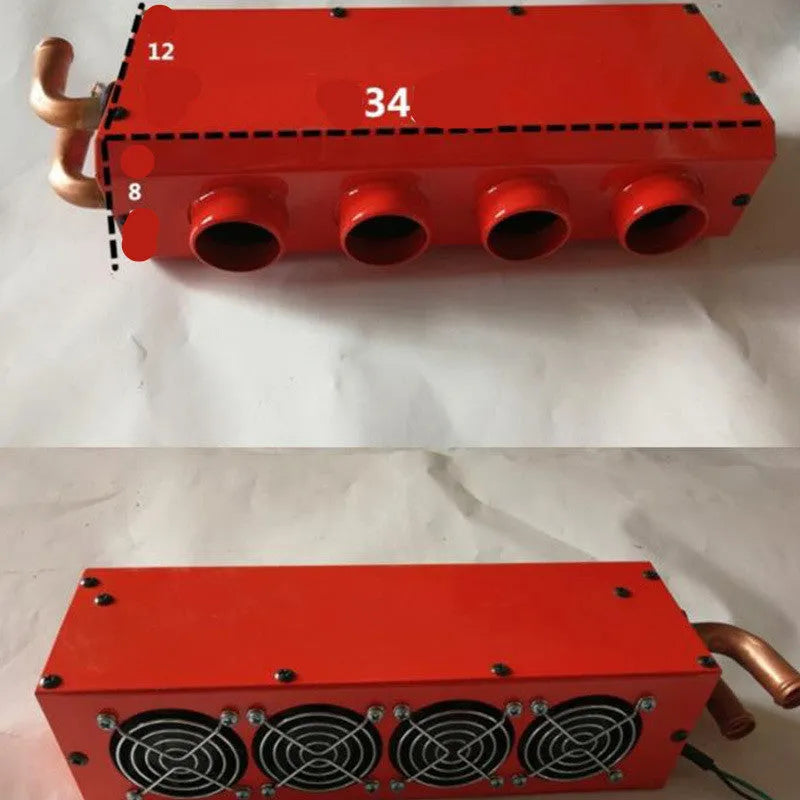 Compact metal car auxiliary heater with copper pipe connections for 12V and 24V vehicle systems.