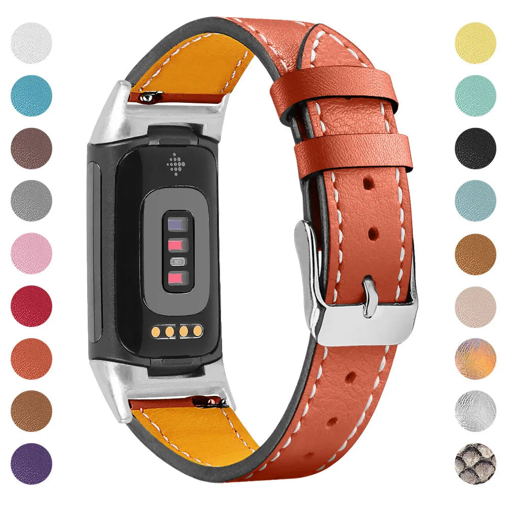 Genuine cowhide leather replacement watch strap for Fitbit Charge 5 and Charge 6 smartwatches.