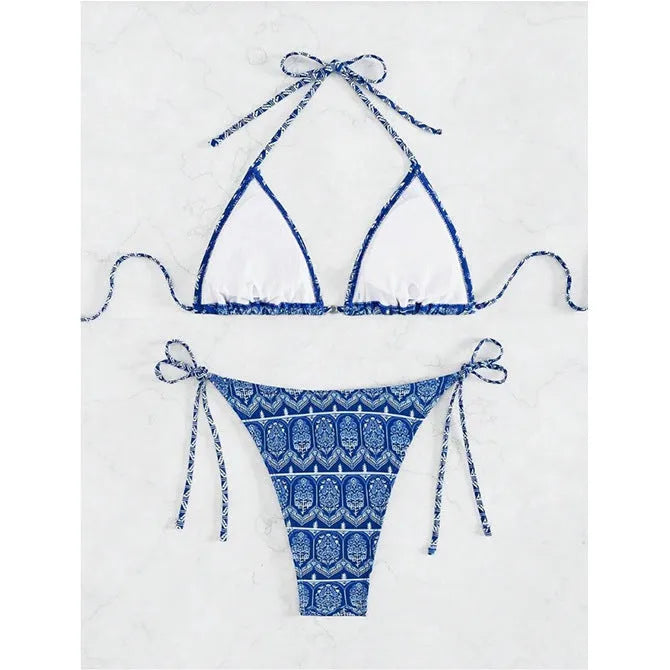 Women's split bikini swimsuit with bandage stitching in polyester material