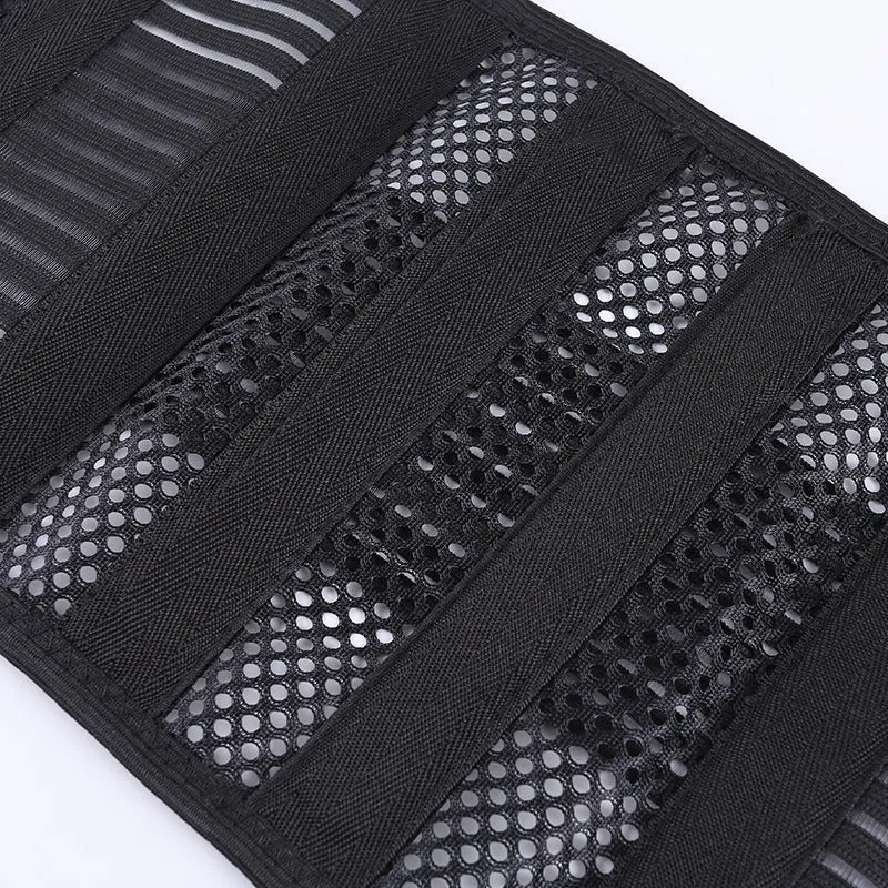 Black breathable sports waist support with internal steel plate for lumbar decompression during fitness and running.