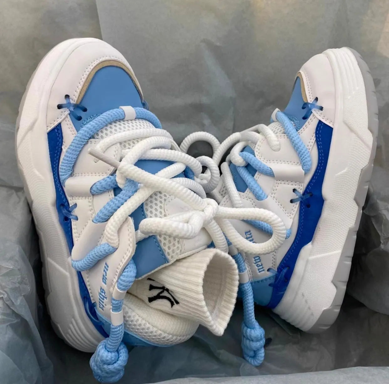 Women's grey thick sole retro sneakers with round toe and front tie-up fastening