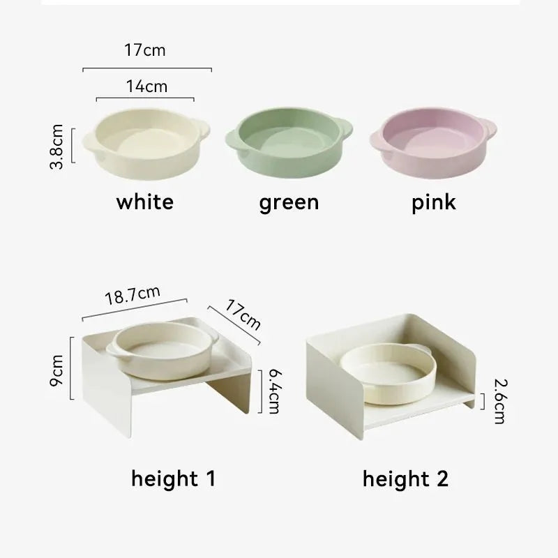 Metal cat bowl with ceramic base and high legs in green colour for cervical spine protection