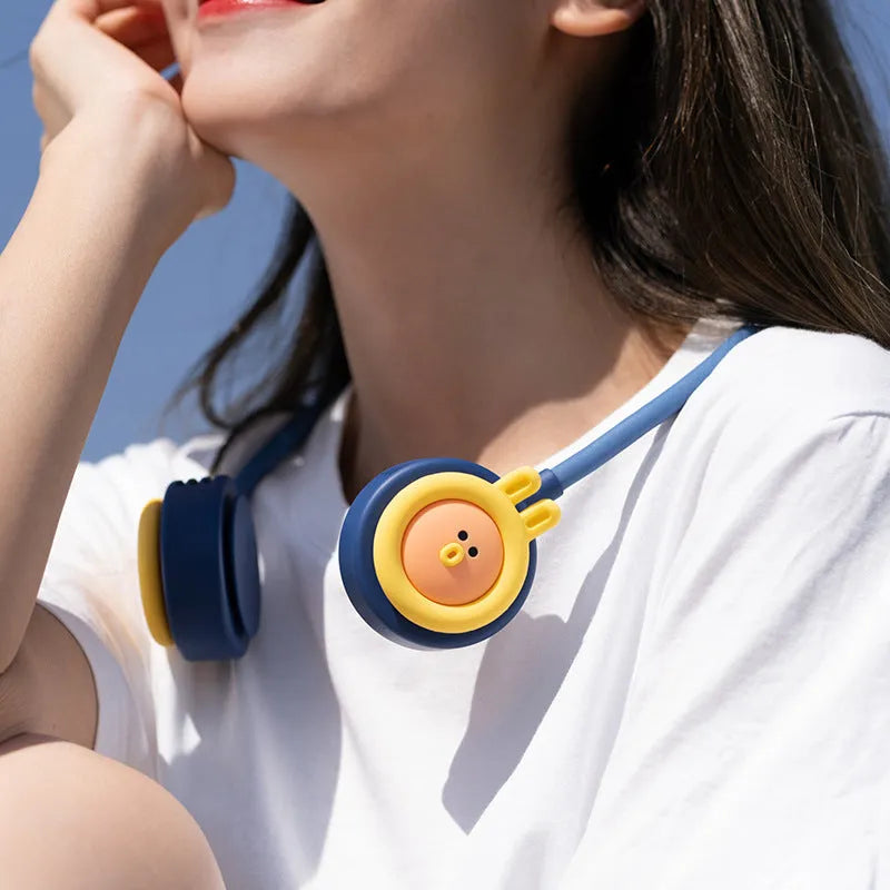 Blue leafless hanging neck fan showing folding design and USB charging port