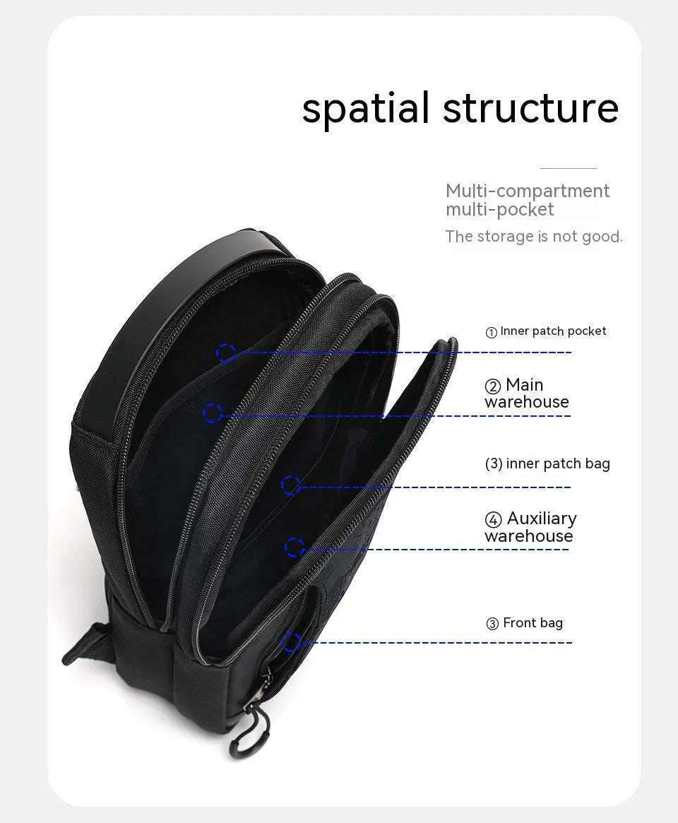 Casual black waterproof TPU chest bag with shoulder strap and internal phone pocket