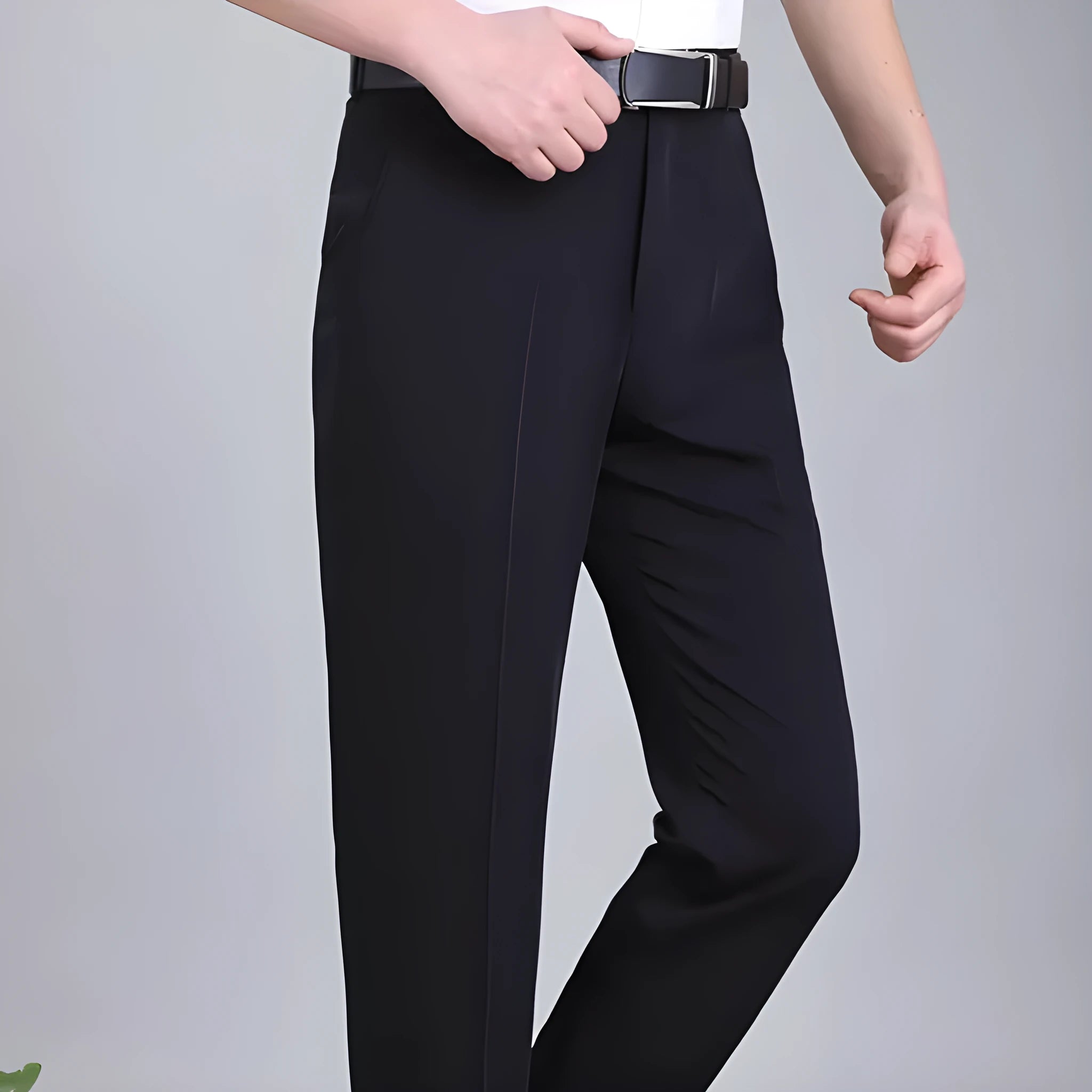 Men's dark blue straight-leg business trousers with a high waistband on a hanger.