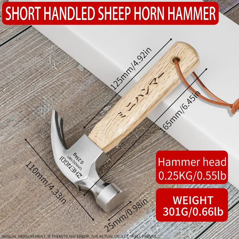 Mini claw hammer with wooden handle and high carbon steel head on a workbench