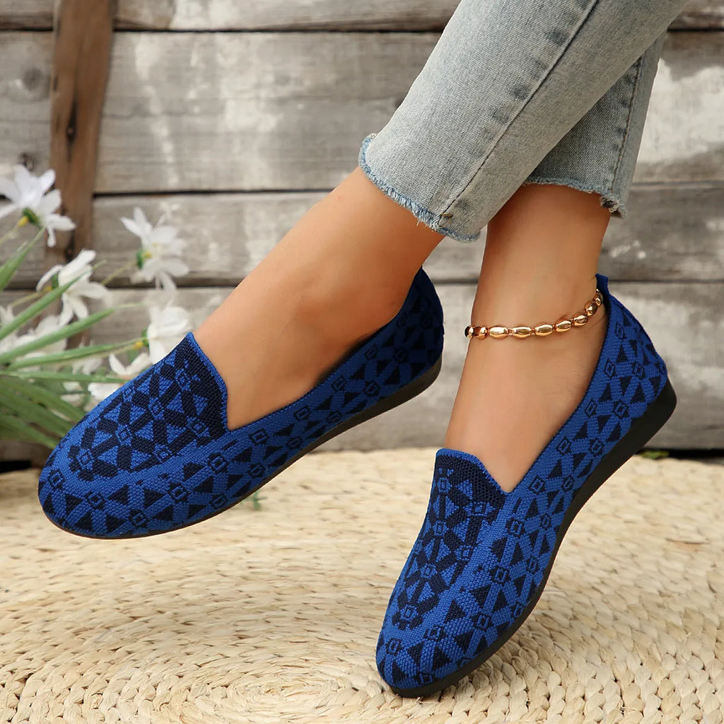 Women's casual flat shoes blue knitted loafers round toe slip-on rubber sole